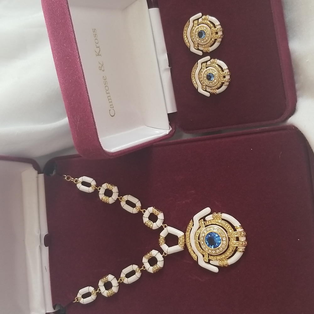 Jacqueline Kennedy simulated sapphire and white enamel necklace and earrings set